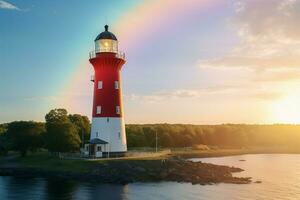 ai gegenereerd schoon blauw lucht kaders Baltiysk haven vuurtoren met regenboog schittering foto