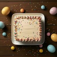 ai gegenereerd foto top visie van een verjaardag taart met wensen kaart, confetti voor sociaal media post grootte