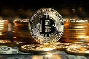 ai gegenereerd cryptogeld straling gouden bitcoins staan uit met spotlight schittering foto