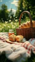 ai gegenereerd deken picknick Aan groen gras met een mand, croissants, jam verticaal mobiel behang foto