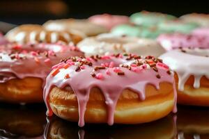 ai gegenereerd aanlokkelijk bakkerij genot een geglazuurd donut, belichaming van zoet toegeeflijkheid foto