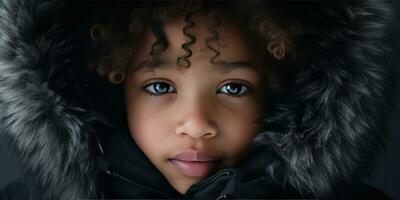 ai gegenereerd detailopname van een jong zwart meisje in een luxueus vacht met een kap jas. ai generatief. foto