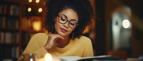 ai gegenereerd knus bibliotheek instelling, een vrouw verdiept in lezing. ai generatief. foto