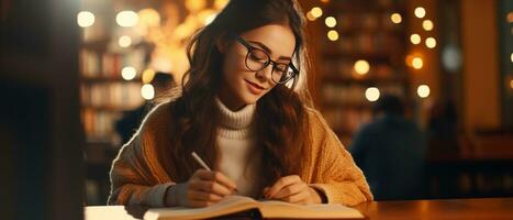 ai gegenereerd vrouw in bril geabsorbeerd in een boek Bij een bibliotheek bureau. ai generatief. foto