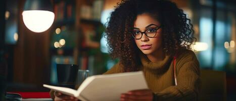 ai gegenereerd knus bibliotheek instelling, een vrouw verdiept in lezing. ai generatief. foto