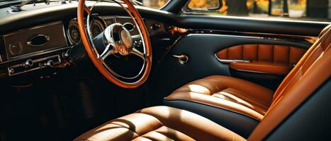 ai gegenereerd luxe auto interieur met bruinen leer stoelen, klassiek elegantie. ai generatief. foto