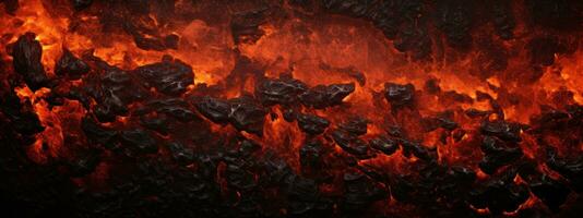 ai gegenereerd intens detailopname van lava stromen en houtskool brand. ai generatief. foto
