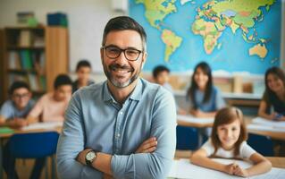 ai gegenereerd portret van een glimlachen mannetje leraar in klas foto