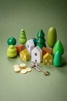een klein houten huis, geld en sleutels net zo een idee voor investeren in uw eigen huis foto
