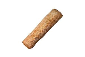 krokant tarwe meel baguette met sesam zaden Aan een houten snijdend bord foto