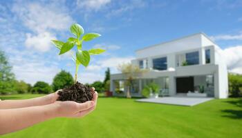 hand- houden zaailing met modern, energiezuinig huis in achtergrond, omarmen ecologisch design, verminderen so2 uitstoot voor een duurzaam, groen levensstijl concept foto