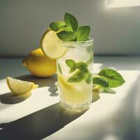 ai gegenereerd een glas van limonade met munt bladeren Aan de tafel foto