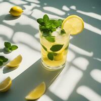 ai gegenereerd een glas van limonade met munt bladeren Aan de tafel foto