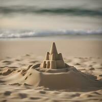 ai gegenereerd een zand kasteel Aan de strand met golven in de achtergrond foto