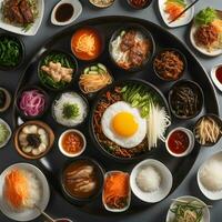 ai gegenereerd een overhead visie van een groot bord van Koreaans voedsel foto