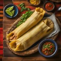 ai gegenereerd Mexicaans voedsel Tamales met salsa en limoen foto