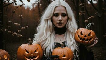 ai gegenereerd mooi jong vrouw in zwart jurk en hoed Aan de achtergrond van halloween pompoenen. ai generatief foto