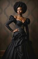 ai gegenereerd mooi Afrikaanse Amerikaans vrouw vervelend zwart jurk en sieraden. ai generatief. ai generatief foto