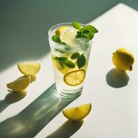 ai gegenereerd een glas van limonade met munt bladeren Aan de tafel foto