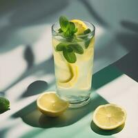 ai gegenereerd een glas van limonade met munt bladeren Aan de tafel foto