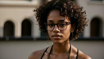 ai gegenereerd portret van een mooi jong Afrikaanse Amerikaans vrouw in bril buitenshuis. ai generatief foto