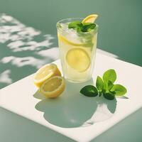 ai gegenereerd een glas van limonade met munt bladeren Aan een wit tafel foto