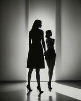 ai gegenereerd silhouet van drie Dames in zwart en wit jurken, studio schot. ai generatief foto