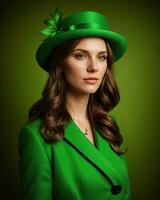 ai gegenereerd portret van een mooi jong vrouw in groen jas en rood hoed. ai generatief. ai generatief foto