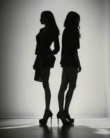 ai gegenereerd silhouet van drie Dames in zwart en wit jurken, studio schot. ai generatief foto