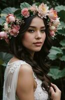 ai gegenereerd mooi jong vrouw met bloemen in haar- op zoek Bij camera geïsoleerd Aan grijs. ai generatief foto