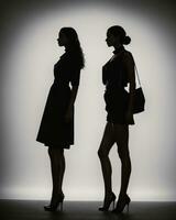 ai gegenereerd silhouet van drie Dames in zwart en wit jurken, studio schot. ai generatief foto