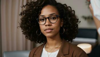ai gegenereerd portret van een mooi jong Afrikaanse Amerikaans vrouw in bril buitenshuis. ai generatief foto