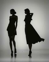 ai gegenereerd silhouet van drie Dames in zwart en wit jurken, studio schot. ai generatief foto