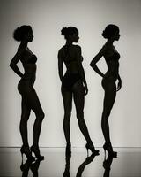 ai gegenereerd silhouet van drie Dames in zwart en wit jurken, studio schot. ai generatief foto