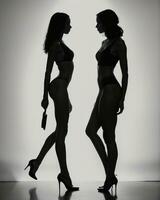 ai gegenereerd silhouet van drie Dames in zwart en wit jurken, studio schot. ai generatief foto