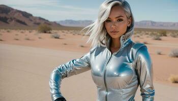 ai gegenereerd blond vrouw in zilver latex kostuum poseren in de woestijn. ai generatief foto