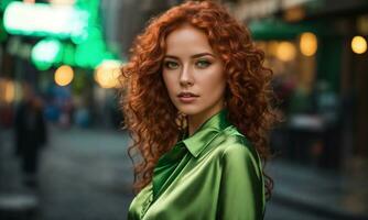ai gegenereerd mooi jong vrouw met rood gekruld haar- in een groen jurk in de stad Bij nacht. ai generatief foto