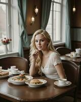ai gegenereerd mooi blond meisje zittend Bij de tafel met een veel van voedsel. ai generatief foto