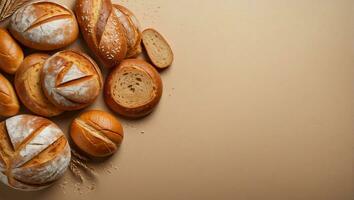 ai gegenereerd een reeks van brood en plakjes Aan een bruin papier kopiëren ruimte foto