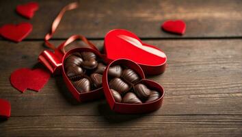 Valentijnsdag dag chocola hart Aan houten achtergrond ai generatief foto