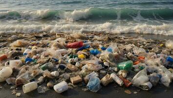 ai gegenereerd plastic Tassen en andere uitschot Aan de strand foto
