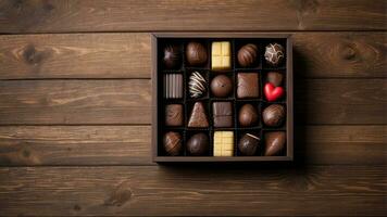 doos van geassorteerd chocolaatjes Aan houten tafel ai generatief foto
