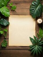 ai gegenereerd een oud papier met bladeren en planten Aan een houten tafel foto