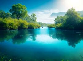 ai gegenereerd mooi landschap met blauw water en groen bomen foto