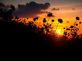 ai gegenereerd lief zonsondergang met bloemen in de voorgrond foto