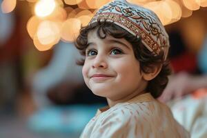 ai gegenereerd een mooi weinig jongen vervelend traditioneel Arabisch kleding ai generatief foto