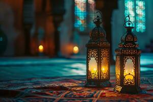 ai gegenereerd Ramadan kareem Arabisch lantaarn met bokeh brandend kaars gloeiend Bij nacht ai generatief foto