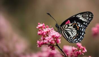 ai gegenereerd een vlinder is zittend Aan een roze bloem foto