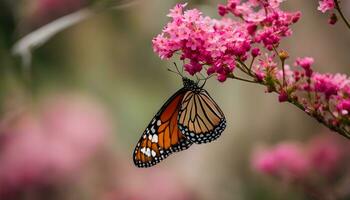 ai gegenereerd een monarch vlinder Aan roze bloemen foto