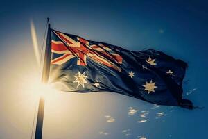 ai gegenereerd Australië vlag Aan zonnig lucht achtergrond. symbool gelukkig Australië dag. foto